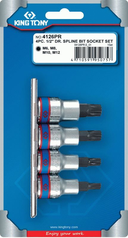 Набор торцевых насадок 1/2", Spline, М6-М12, L = 80 мм, 4 предмета KING TONY 4126PR