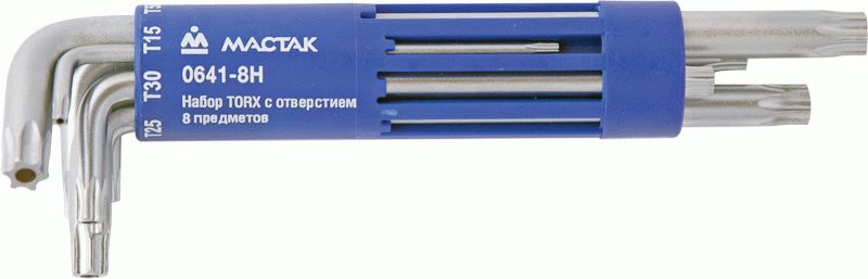 Набор Г-образных Torx, Т10H-Т50H, длинные, с отверствием, 8 предметов МАСТАК 0641-8HB