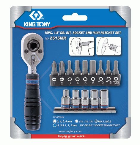 Набор вставок (бит) и головок с трещоткой 1/4", Torx, Hex, PH, 15 предметов KING TONY 2515MR